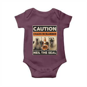 Retro Neil the Seal Caution Chaos in Blubber Baby Onesie Funny Viral Chaotic Elephant Seal Traffic Cone Meme TS02 Maroon Print Your Wear