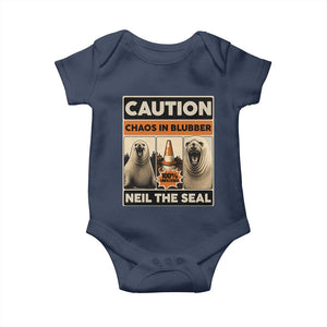 Retro Neil the Seal Caution Chaos in Blubber Baby Onesie Funny Viral Chaotic Elephant Seal Traffic Cone Meme TS02 Navy Print Your Wear