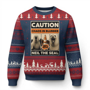 Retro Neil the Seal Caution Chaos in Blubber Ugly Christmas Sweater Funny Viral Chaotic Elephant Seal Traffic Cone Meme TS02 Navy Red Print Your Wear