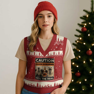 Retro Neil the Seal Caution Chaos in Blubber V-Neck Knit Sweater Vest Funny Viral Chaotic Elephant Seal Traffic Cone Meme TS02 Red Beige Print Your Wear