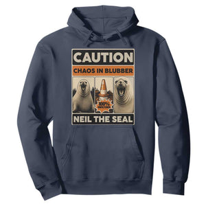 Retro Neil the Seal Caution Chaos in Blubber Hoodie Funny Viral Chaotic Elephant Seal Traffic Cone Meme TS02 Navy Print Your Wear