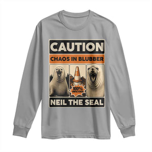 Retro Neil the Seal Caution Chaos in Blubber Long Sleeve Shirt Funny Viral Chaotic Elephant Seal Traffic Cone Meme TS02 Sport Gray Print Your Wear