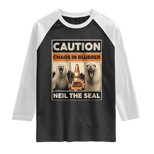 Retro Neil the Seal Caution Chaos in Blubber Raglan Shirt Funny Viral Chaotic Elephant Seal Traffic Cone Meme TS02 Black White Print Your Wear