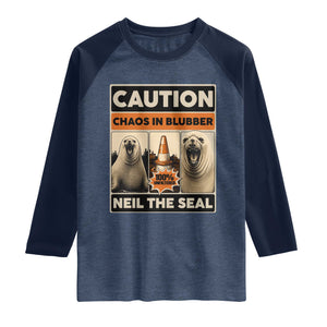 Retro Neil the Seal Caution Chaos in Blubber Raglan Shirt Funny Viral Chaotic Elephant Seal Traffic Cone Meme TS02 Heather Denim Navy Print Your Wear