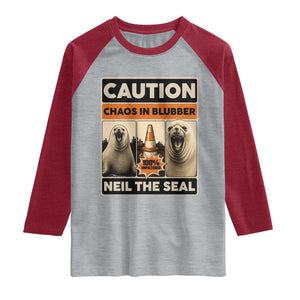 Retro Neil the Seal Caution Chaos in Blubber Raglan Shirt Funny Viral Chaotic Elephant Seal Traffic Cone Meme TS02 Heather Gray Heather Red Print Your Wear