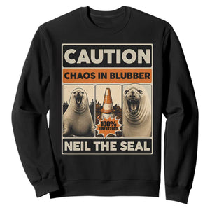 Retro Neil the Seal Caution Chaos in Blubber Sweatshirt Funny Viral Chaotic Elephant Seal Traffic Cone Meme TS02 Black Print Your Wear