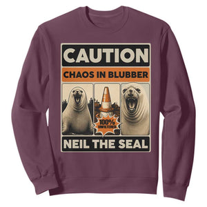 Retro Neil the Seal Caution Chaos in Blubber Sweatshirt Funny Viral Chaotic Elephant Seal Traffic Cone Meme TS02 Maroon Print Your Wear