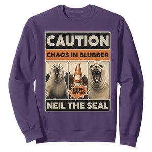 Retro Neil the Seal Caution Chaos in Blubber Sweatshirt Funny Viral Chaotic Elephant Seal Traffic Cone Meme TS02 Purple Print Your Wear