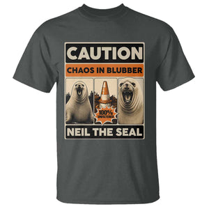 Retro Neil the Seal Caution Chaos in Blubber T Shirt Funny Viral Chaotic Elephant Seal Traffic Cone Meme TS02 Dark Heather Print Your Wear