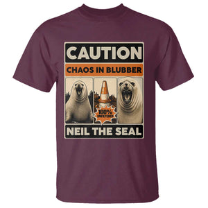 Retro Neil the Seal Caution Chaos in Blubber T Shirt Funny Viral Chaotic Elephant Seal Traffic Cone Meme TS02 Maroon Print Your Wear