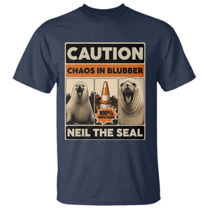 Retro Neil the Seal Caution Chaos in Blubber T Shirt Funny Viral Chaotic Elephant Seal Traffic Cone Meme TS02 Navy Print Your Wear