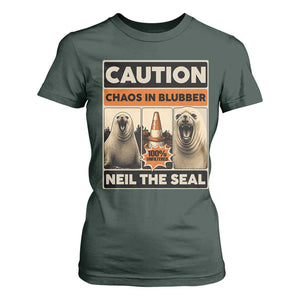 Retro Neil the Seal Caution Chaos in Blubber T Shirt For Women Funny Viral Chaotic Elephant Seal Traffic Cone Meme TS02 Dark Forest Green Print Your Wear