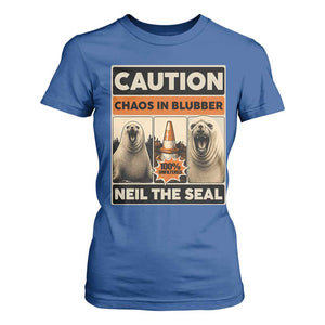 Retro Neil the Seal Caution Chaos in Blubber T Shirt For Women Funny Viral Chaotic Elephant Seal Traffic Cone Meme TS02 Royal Blue Print Your Wear