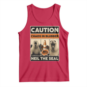 Retro Neil the Seal Caution Chaos in Blubber Tank Top Funny Viral Chaotic Elephant Seal Traffic Cone Meme TS02 Red Print Your Wear