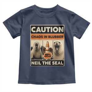 Retro Neil the Seal Caution Chaos in Blubber Toddler T Shirt Funny Viral Chaotic Elephant Seal Traffic Cone Meme TS02 Navy Print Your Wear