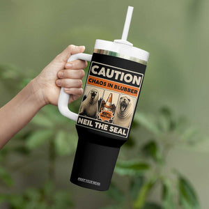 Retro Neil the Seal Caution Chaos in Blubber Tumbler With Handle Funny Viral Chaotic Elephant Seal Traffic Cone Meme TS02 Print Your Wear