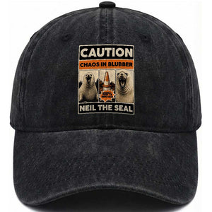 Retro Neil the Seal Caution Chaos in Blubber Washed Cotton Baseball Cap Funny Viral Chaotic Elephant Seal Traffic Cone Meme TS02 Print Your Wear