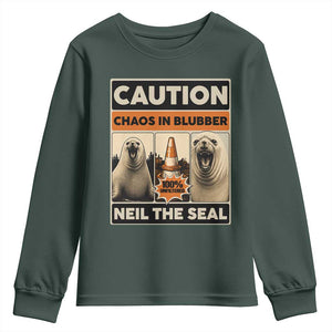 Retro Neil the Seal Caution Chaos in Blubber Youth Sweatshirt Funny Viral Chaotic Elephant Seal Traffic Cone Meme TS02 Dark Forest Green Print Your Wear
