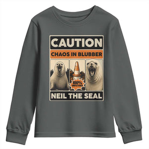 Retro Neil the Seal Caution Chaos in Blubber Youth Sweatshirt Funny Viral Chaotic Elephant Seal Traffic Cone Meme TS02 Dark Heather Print Your Wear