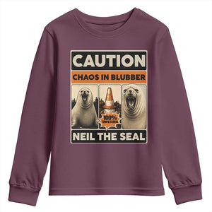 Retro Neil the Seal Caution Chaos in Blubber Youth Sweatshirt Funny Viral Chaotic Elephant Seal Traffic Cone Meme TS02 Maroon Print Your Wear