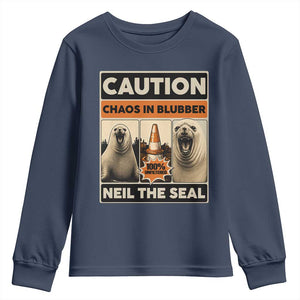 Retro Neil the Seal Caution Chaos in Blubber Youth Sweatshirt Funny Viral Chaotic Elephant Seal Traffic Cone Meme TS02 Navy Print Your Wear