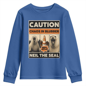 Retro Neil the Seal Caution Chaos in Blubber Youth Sweatshirt Funny Viral Chaotic Elephant Seal Traffic Cone Meme TS02 Royal Blue Print Your Wear