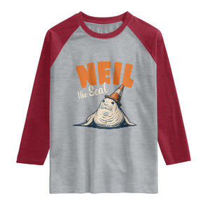 Vintage Neil the Seal Wearing Traffic Cone Hat Meme Raglan Shirt Cute Retro Viral Chaotic Southern Elephant Seal TS02 Heather Gray Heather Red Print Your Wear