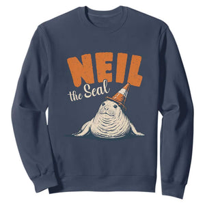 Vintage Neil the Seal Wearing Traffic Cone Hat Meme Sweatshirt Cute Retro Viral Chaotic Southern Elephant Seal TS02 Navy Print Your Wear