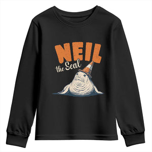 Vintage Neil the Seal Wearing Traffic Cone Hat Meme Youth Sweatshirt Cute Retro Viral Chaotic Southern Elephant Seal TS02 Black Print Your Wear