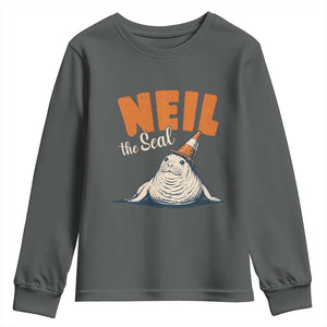 Vintage Neil the Seal Wearing Traffic Cone Hat Meme Youth Sweatshirt Cute Retro Viral Chaotic Southern Elephant Seal TS02 Dark Heather Print Your Wear