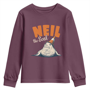 Vintage Neil the Seal Wearing Traffic Cone Hat Meme Youth Sweatshirt Cute Retro Viral Chaotic Southern Elephant Seal TS02 Maroon Print Your Wear