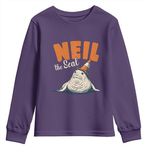 Vintage Neil the Seal Wearing Traffic Cone Hat Meme Youth Sweatshirt Cute Retro Viral Chaotic Southern Elephant Seal TS02 Purple Print Your Wear