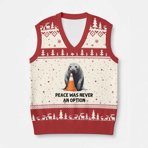 Funny Neil the Seal Peace Was Never An Option Meme V-Neck Knit Sweater Vest Chaotic Southern Elephant Seal Traffic Cone TS02 Beige Red Print Your Wear
