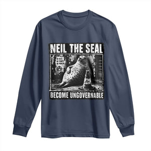 Punk Rock Neil the Seal Become Ungovernable Poster Style Long Sleeve Shirt Funny Viral Chaotic Elephant Seal Traffic Cone Meme TS02 Navy Print Your Wear
