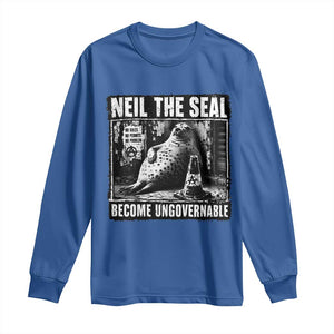 Punk Rock Neil the Seal Become Ungovernable Poster Style Long Sleeve Shirt Funny Viral Chaotic Elephant Seal Traffic Cone Meme TS02 Royal Blue Print Your Wear