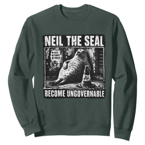 Punk Rock Neil the Seal Become Ungovernable Poster Style Sweatshirt Funny Viral Chaotic Elephant Seal Traffic Cone Meme TS02 Dark Forest Green Print Your Wear