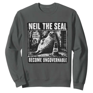 Punk Rock Neil the Seal Become Ungovernable Poster Style Sweatshirt Funny Viral Chaotic Elephant Seal Traffic Cone Meme TS02 Dark Heather Print Your Wear
