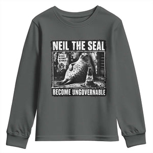 Punk Rock Neil the Seal Become Ungovernable Poster Style Youth Sweatshirt Funny Viral Chaotic Elephant Seal Traffic Cone Meme TS02 Dark Heather Print Your Wear