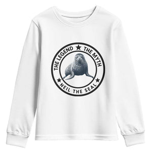 The Legend The Myth Neil The Seal Emblem Graphic Youth Sweatshirt Funny Viral Southern Elephant Seal Meme TS02 White Print Your Wear