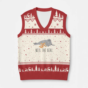 Cute Neil the Seal Traffic Cone Meme V-Neck Knit Sweater Vest Funny Viral Chaotic Southern Elephant Seal TS02 Beige Red Print Your Wear