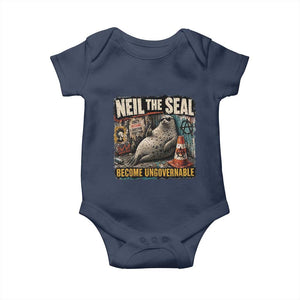 Edgy Neil the Seal Become Ungovernable Graffiti Graphic Baby Onesie Sarcastic Rebel Viral Chaotic Elephant Seal Sunglasses Meme TS02 Navy Print Your Wear