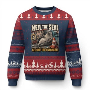 Edgy Neil the Seal Become Ungovernable Graffiti Graphic Ugly Christmas Sweater Sarcastic Rebel Viral Chaotic Elephant Seal Sunglasses Meme TS02 Navy Red Print Your Wear