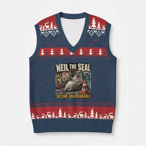 Edgy Neil the Seal Become Ungovernable Graffiti Graphic V-Neck Knit Sweater Vest Sarcastic Rebel Viral Chaotic Elephant Seal Sunglasses Meme TS02 Navy Red Print Your Wear