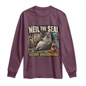 Edgy Neil the Seal Become Ungovernable Graffiti Graphic Long Sleeve Shirt Sarcastic Rebel Viral Chaotic Elephant Seal Sunglasses Meme TS02 Maroon Print Your Wear