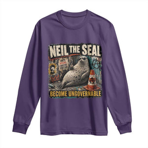 Edgy Neil the Seal Become Ungovernable Graffiti Graphic Long Sleeve Shirt Sarcastic Rebel Viral Chaotic Elephant Seal Sunglasses Meme TS02 Purple Print Your Wear