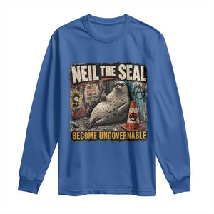 Edgy Neil the Seal Become Ungovernable Graffiti Graphic Long Sleeve Shirt Sarcastic Rebel Viral Chaotic Elephant Seal Sunglasses Meme TS02 Royal Blue Print Your Wear