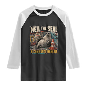 Edgy Neil the Seal Become Ungovernable Graffiti Graphic Raglan Shirt Sarcastic Rebel Viral Chaotic Elephant Seal Sunglasses Meme TS02 Black White Print Your Wear