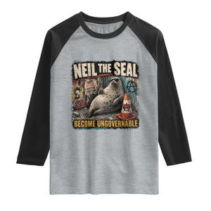 Edgy Neil the Seal Become Ungovernable Graffiti Graphic Raglan Shirt Sarcastic Rebel Viral Chaotic Elephant Seal Sunglasses Meme TS02 Heather Gray Black Print Your Wear