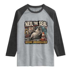 Edgy Neil the Seal Become Ungovernable Graffiti Graphic Raglan Shirt Sarcastic Rebel Viral Chaotic Elephant Seal Sunglasses Meme TS02 Heather Gray Heather Charcoal Print Your Wear