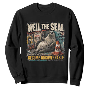 Edgy Neil the Seal Become Ungovernable Graffiti Graphic Sweatshirt Sarcastic Rebel Viral Chaotic Elephant Seal Sunglasses Meme TS02 Black Print Your Wear